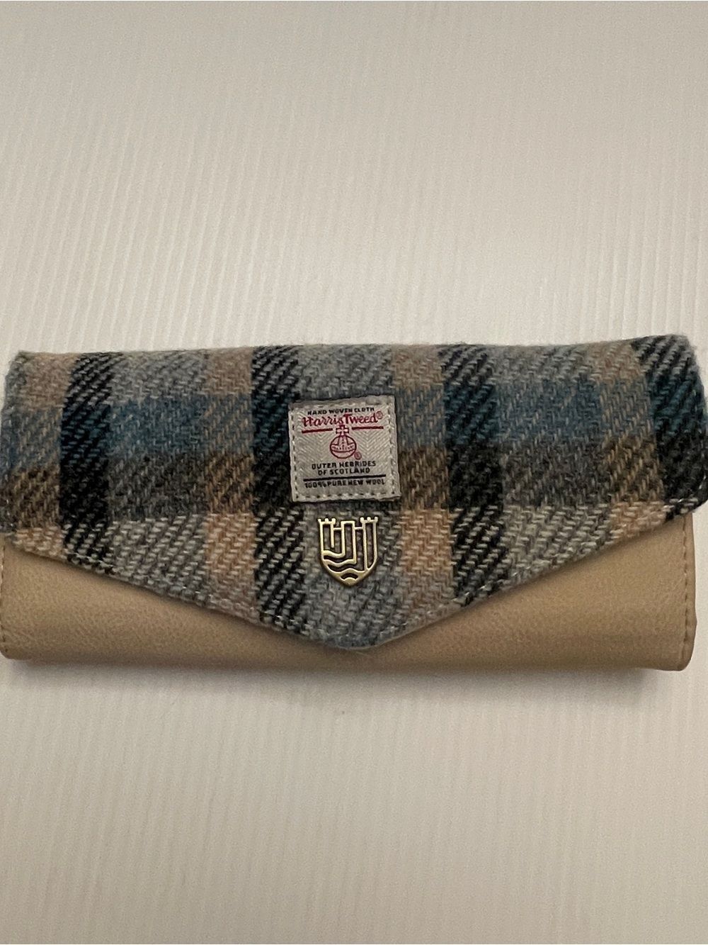 Harris Tweed Islander Plaid Fold-Over Wallet in Beige and Blue